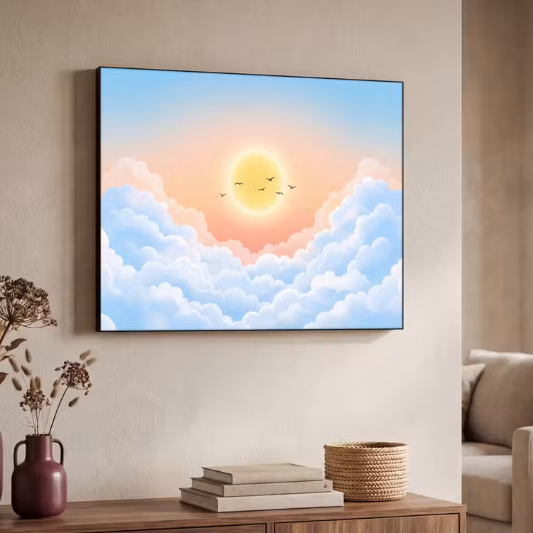 Zon - Vogels - Lucht - Natuur - Geel Textielframe zwart klein -sfeer3