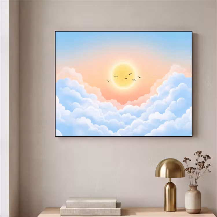 Zon - Vogels - Lucht - Natuur - Geel Textielframe zwart klein -sfeer2