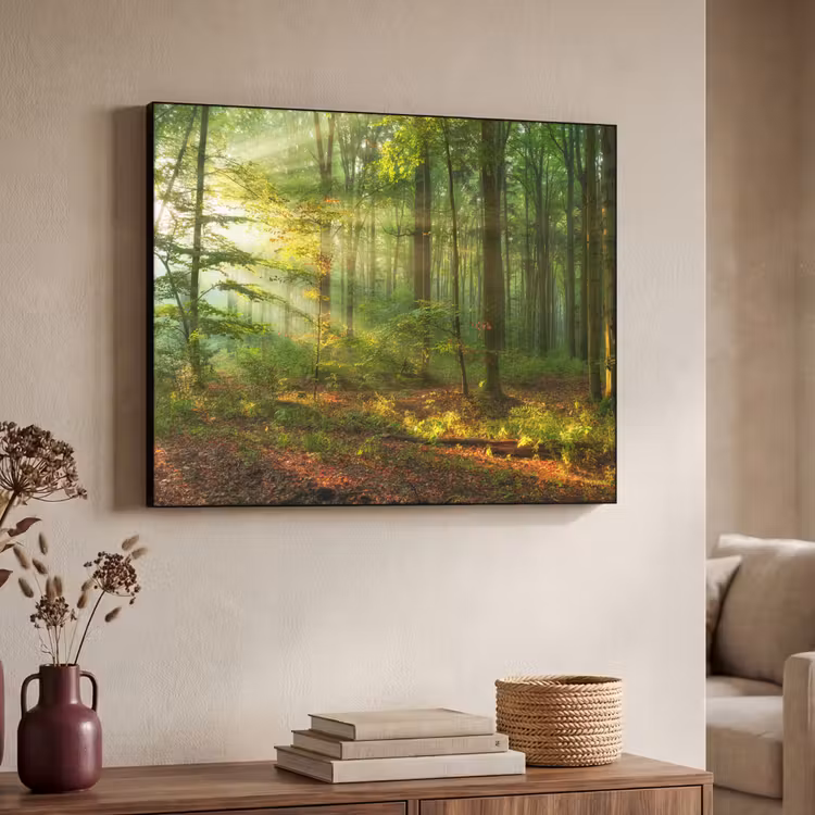 Zon - Bos - Bomen - Natuur - Herfst Textielframe zwart klein -sfeer3
