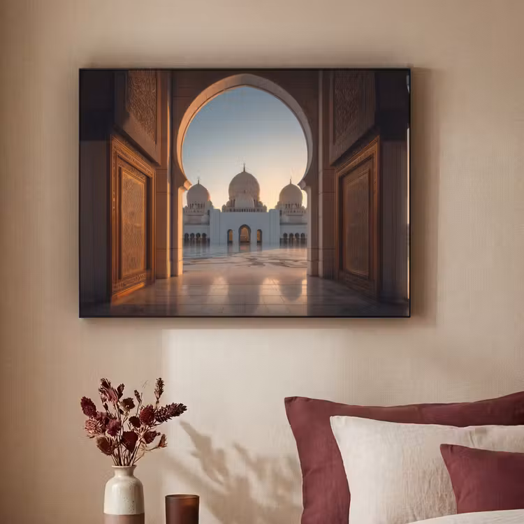 Zonsopkomst - Witte koepels - Plein - Moskee Textielframe - compleet frame klein -sfeer1