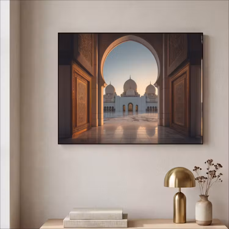 Zonsopkomst - Witte koepels - Plein - Moskee Textielframe zwart klein -sfeer2