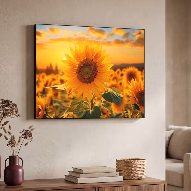 Zonnebloem - Bloemen - Geel - Bloemenveld met zonnebloemen Textielframe zwart klein -sfeer3