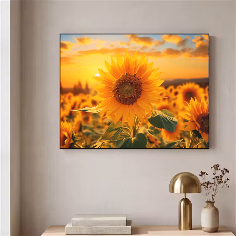 Zonnebloem - Bloemen - Geel - Bloemenveld met zonnebloemen Textielframe zwart klein -sfeer2