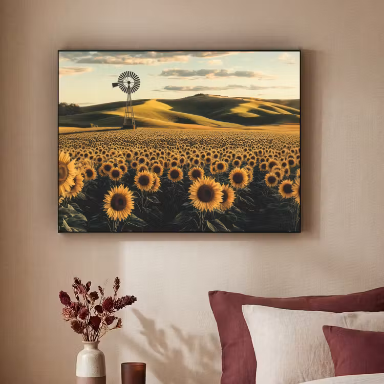 Zonnebloem - Veld - Windmolen Textielframe - compleet frame klein -sfeer1