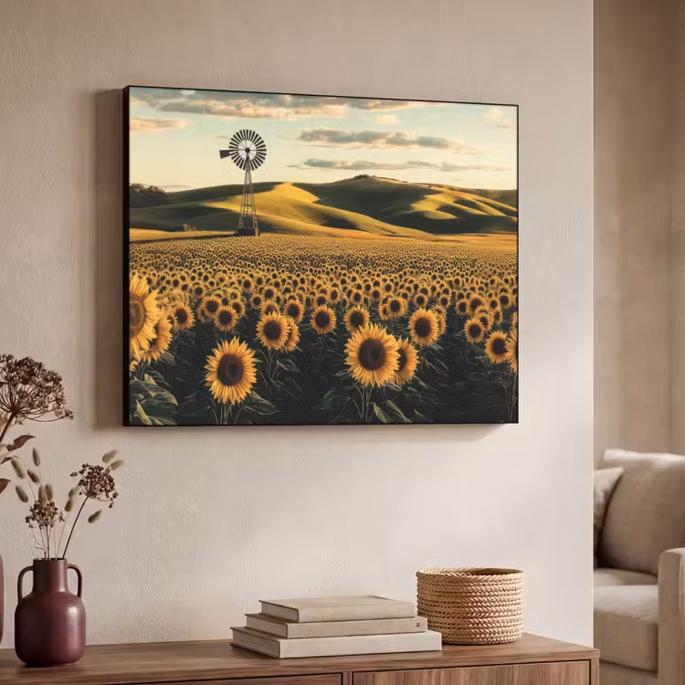Zonnebloem - Veld - Windmolen Textielframe zwart klein -sfeer3