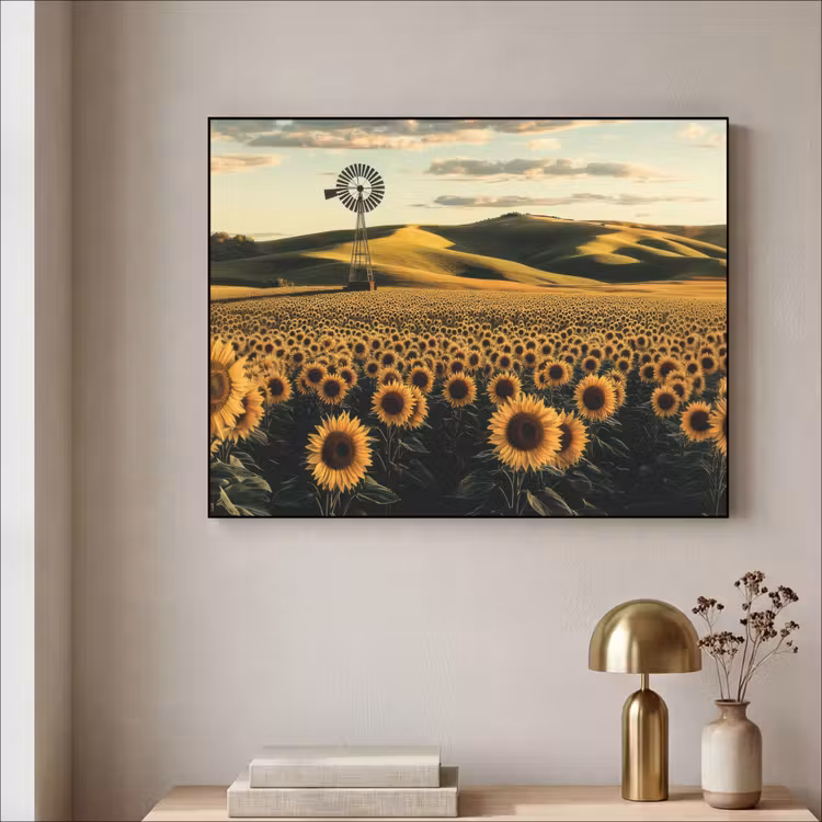 Zonnebloem - Veld - Windmolen Textielframe - compleet frame klein -sfeer2