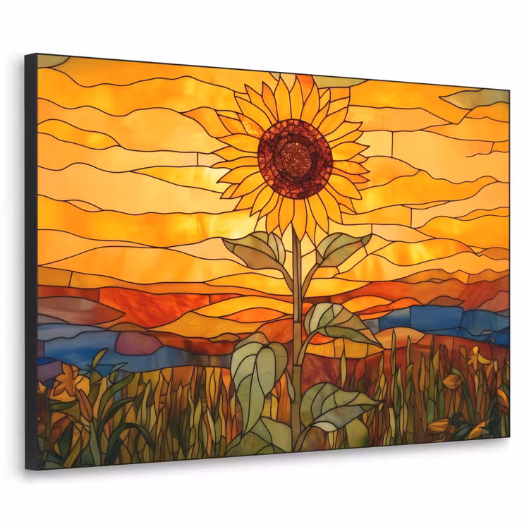 Zonnebloem - Mozaïek - Zonsondergang - Geel Textielframe zwart klein -3d
