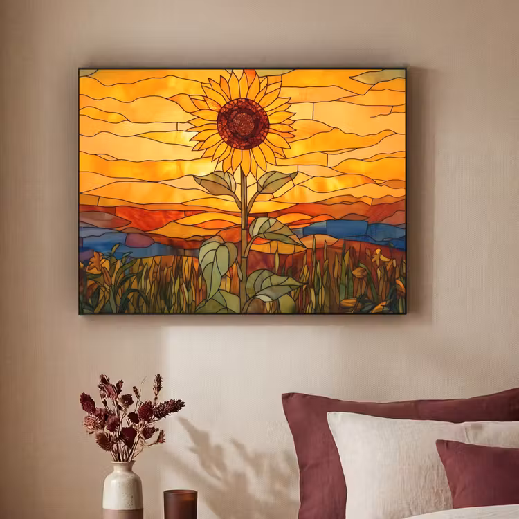 Zonnebloem - Mozaïek - Zonsondergang - Geel Textielframe zwart klein -sfeer1