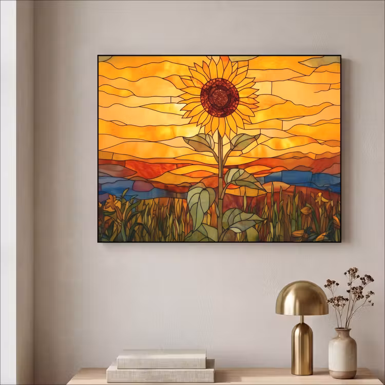 Zonnebloem - Mozaïek - Zonsondergang - Geel Textielframe zwart klein -sfeer2