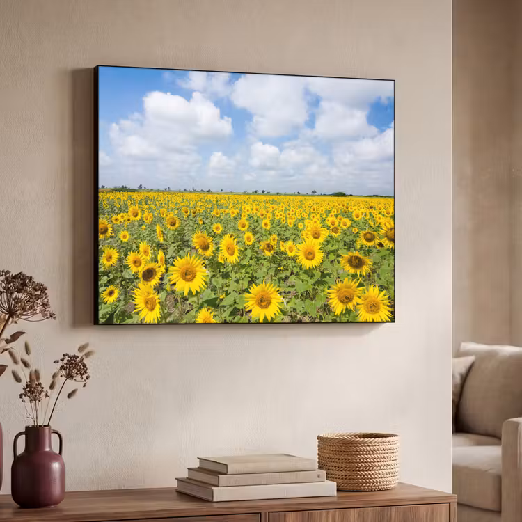 Zonnebloemen - Bloemen - Wolken - Natuur - Geel - Landschap Textielframe zwart klein -sfeer3