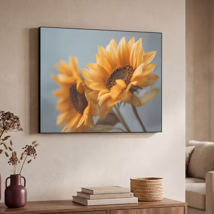Zonnebloemen - Geel - Wazig Textielframe zwart klein -sfeer3