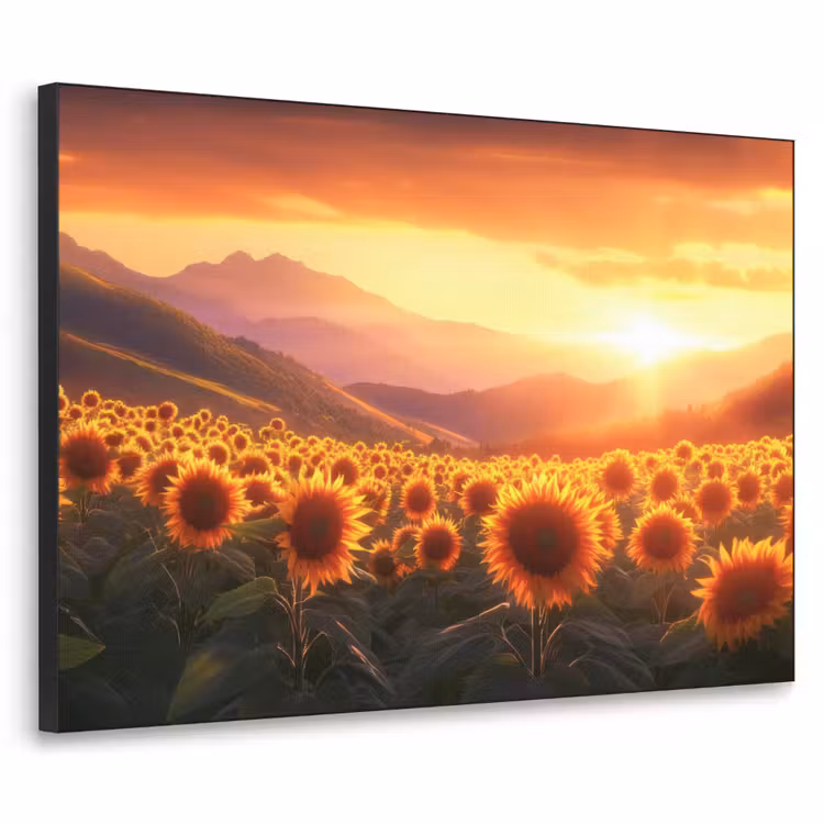 Zonnebloemen - Zonsondergang - Landschap Textielframe zwart klein -3d