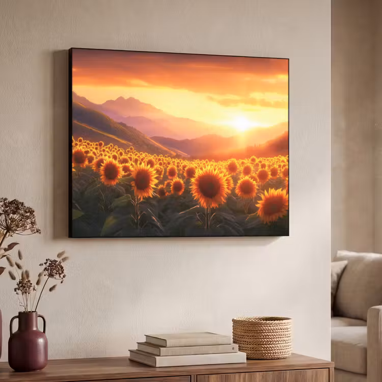 Zonnebloemen - Zonsondergang - Landschap Textielframe - compleet frame klein -sfeer3