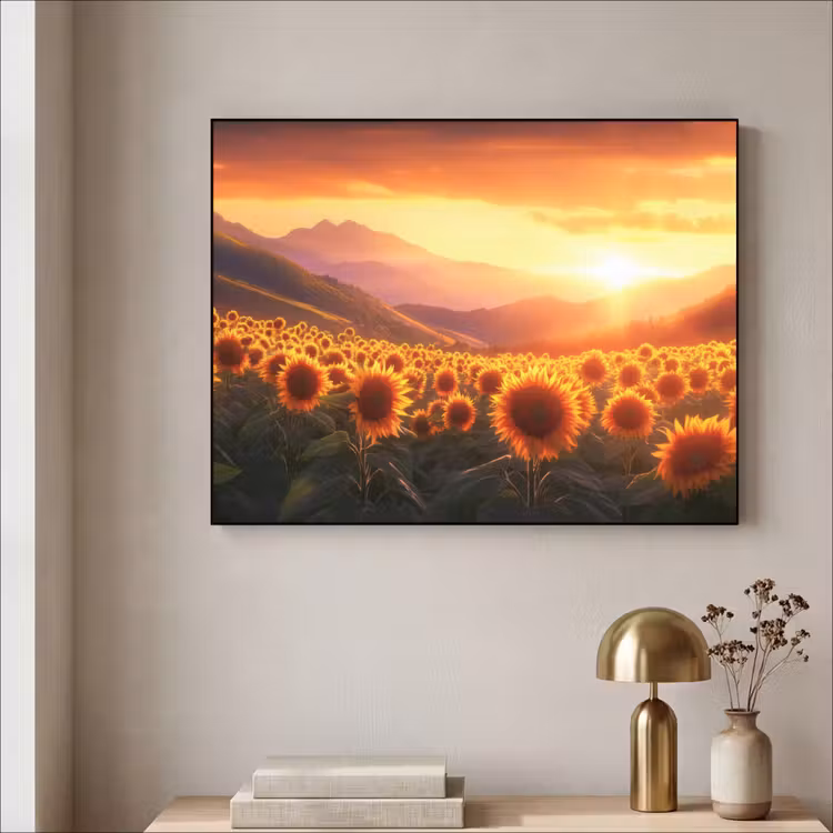 Zonnebloemen - Zonsondergang - Landschap Textielframe - compleet frame klein -sfeer2
