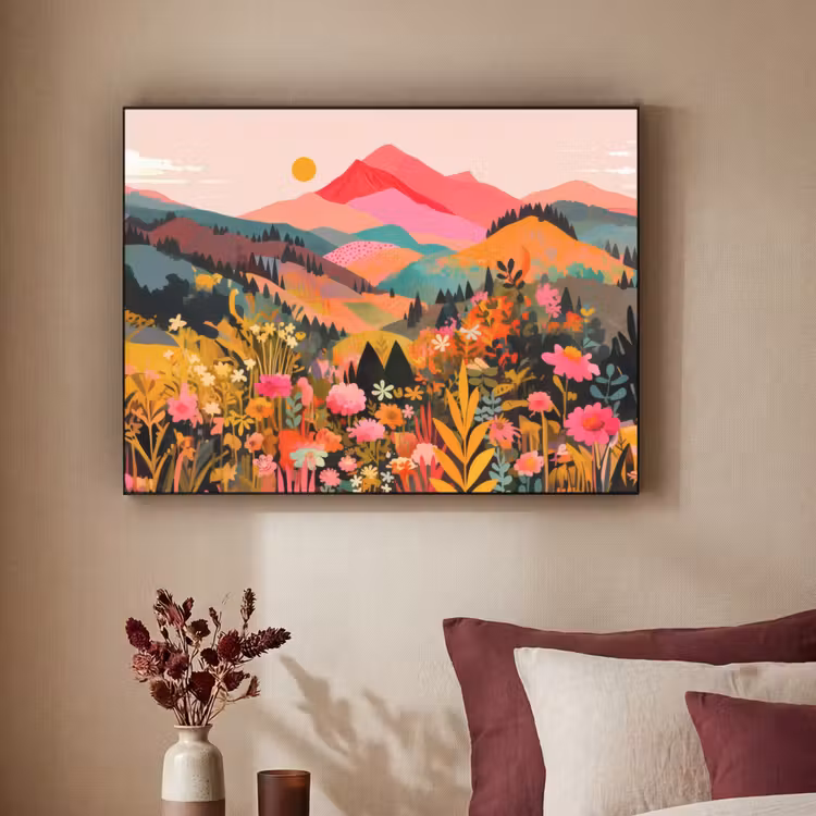Zonsondergang - Bergvallei - Contrast Textielframe zwart klein -sfeer1