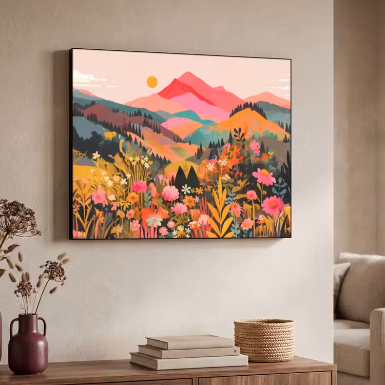 Zonsondergang - Bergvallei - Contrast Textielframe zwart klein -sfeer3