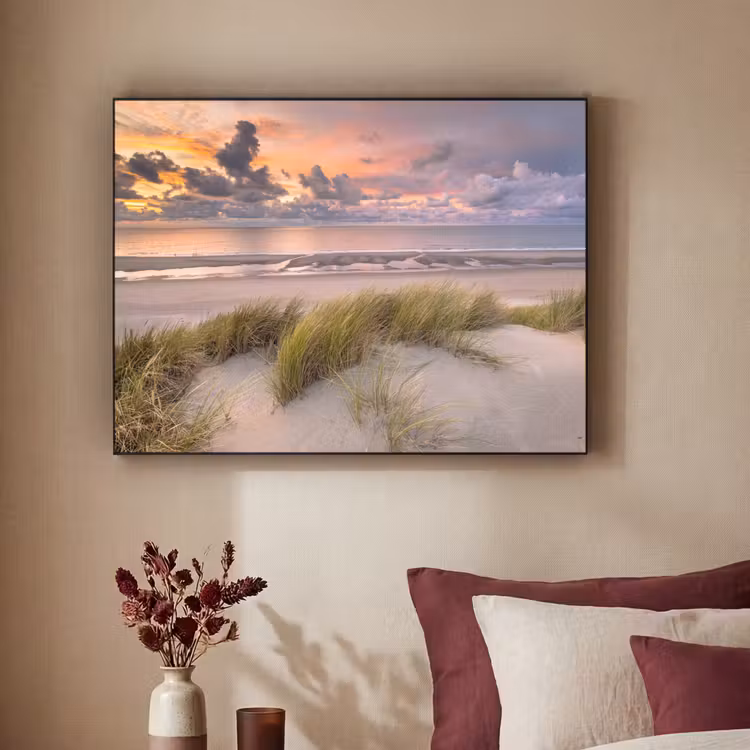 Zonsondergang - Duin - Strand - Planten - Zee Textielframe zwart klein -sfeer1