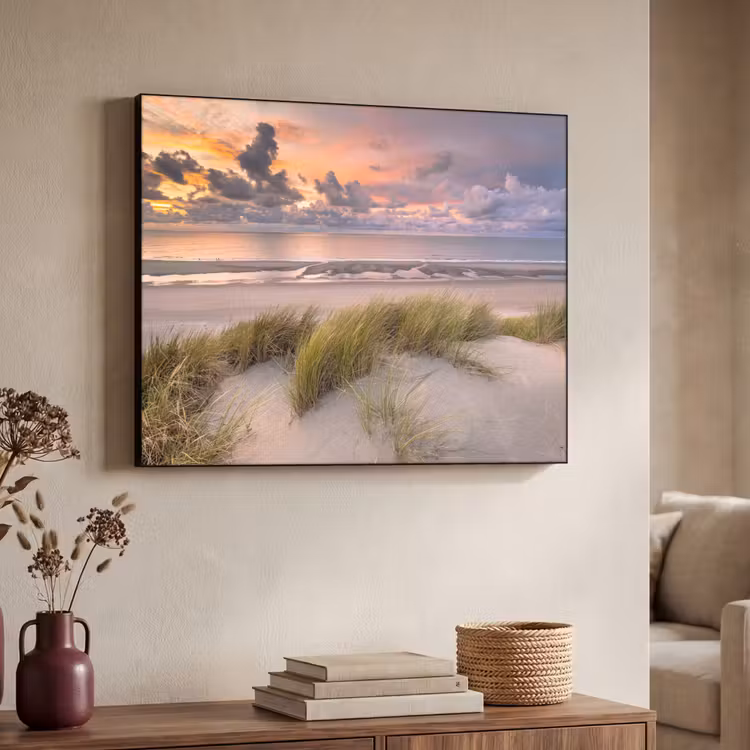 Zonsondergang - Duin - Strand - Planten - Zee Textielframe zwart klein -sfeer3