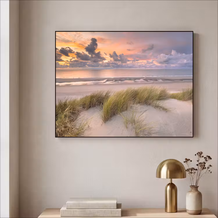 Zonsondergang - Duin - Strand - Planten - Zee Textielframe zwart klein -sfeer2