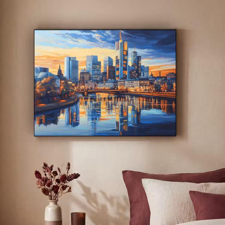 Zonsondergang Frankfurt - Stad - Skyline - Water Textielframe - compleet frame klein -sfeer1