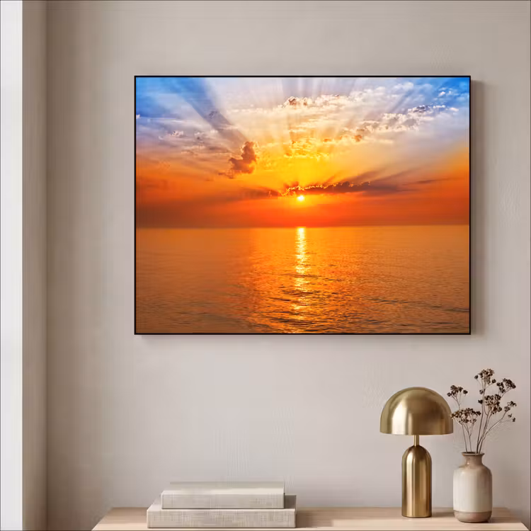 Zonsondergang - Zee - Lucht - Oranje - Horizon - Water Textielframe zwart klein -sfeer2