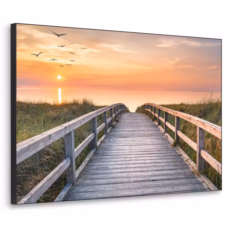 Zonsonderang - Zee - Pad - Gras - Duin - Vogels Textielframe zwart klein -3d