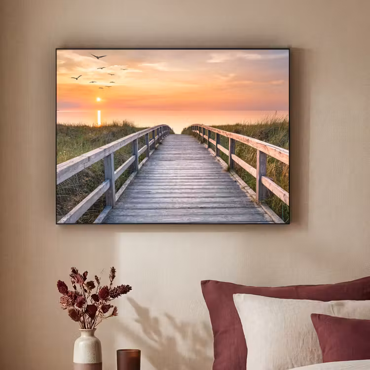 Zonsonderang - Zee - Pad - Gras - Duin - Vogels Textielframe zwart klein -sfeer1