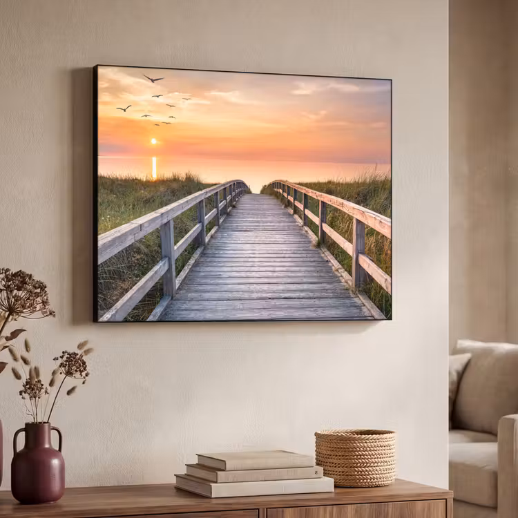Zonsonderang - Zee - Pad - Gras - Duin - Vogels Textielframe zwart klein -sfeer3