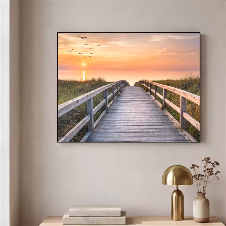 Zonsonderang - Zee - Pad - Gras - Duin - Vogels Textielframe zwart klein -sfeer2