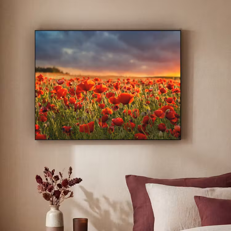 Zonsondergang - Klaprozen - Rood - Bloemen - Veld - Natuur Textielframe zwart klein -sfeer1