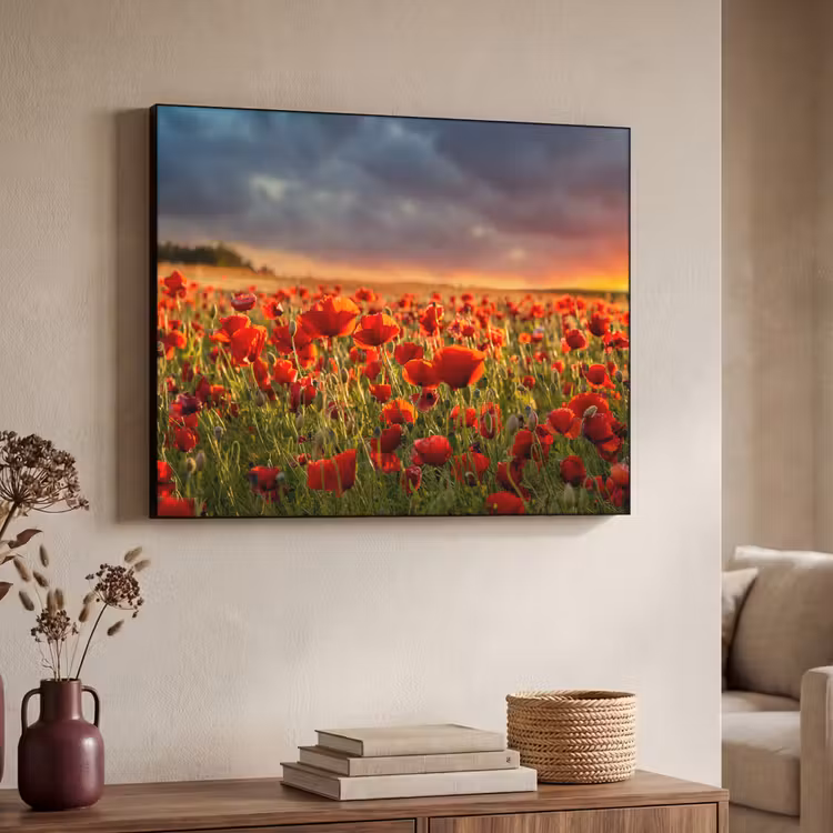 Zonsondergang - Klaprozen - Rood - Bloemen - Veld - Natuur Textielframe zwart klein -sfeer3