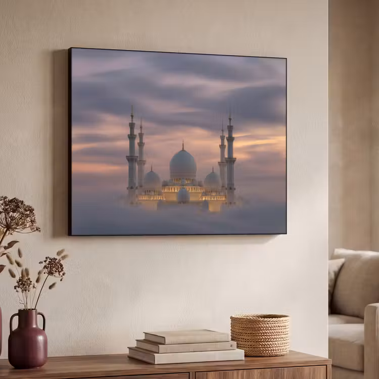 Zonsondergang - Moskee - Wolken - Islamitisch Textielframe zwart klein -sfeer3