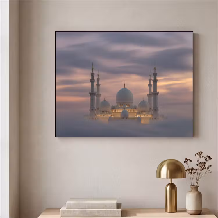 Zonsondergang - Moskee - Wolken - Islamitisch Textielframe - compleet frame klein -sfeer2
