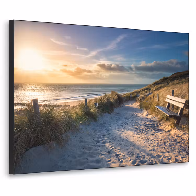 Zonsondergang - Strand - Duin - Gras - Bank Textielframe zwart klein -3d