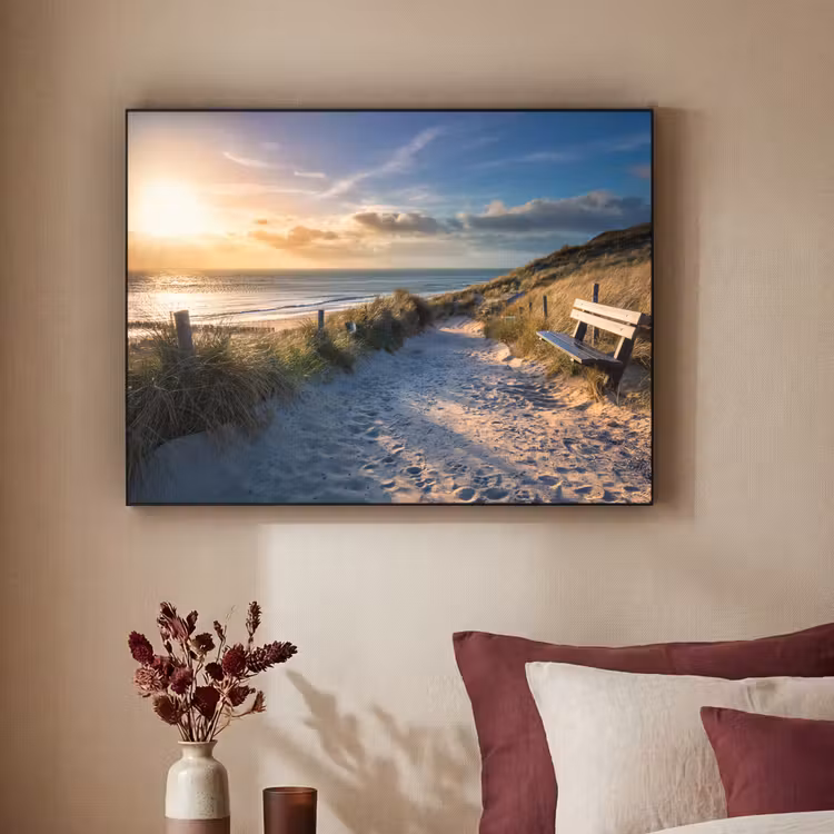 Zonsondergang - Strand - Duin - Gras - Bank Textielframe zwart klein -sfeer1