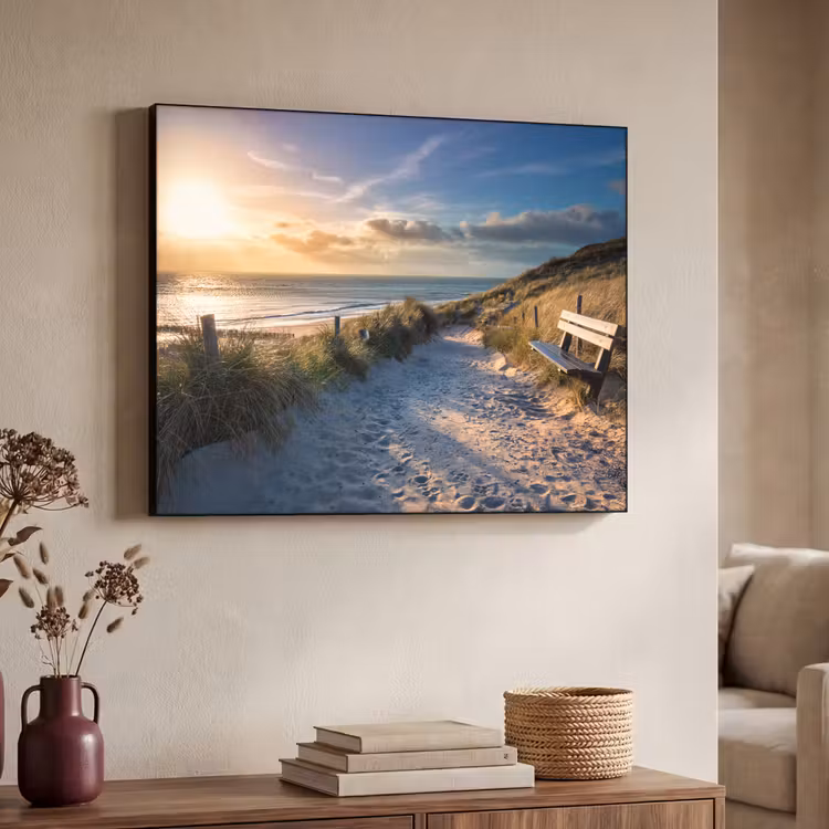 Zonsondergang - Strand - Duin - Gras - Bank Textielframe zwart klein -sfeer3