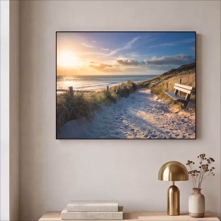 Zonsondergang - Strand - Duin - Gras - Bank Textielframe zwart klein -sfeer2