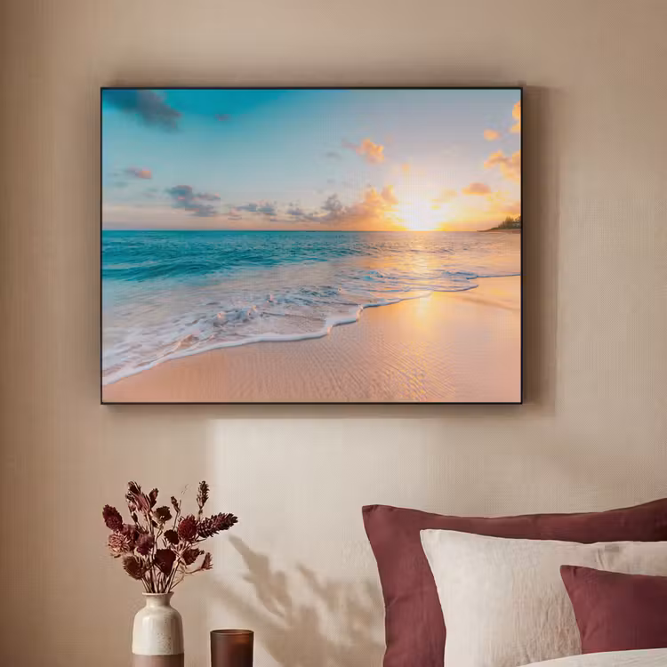 Zonsondergang - Strand - Zee - Zomer - Blauw Textielframe zwart klein -sfeer1