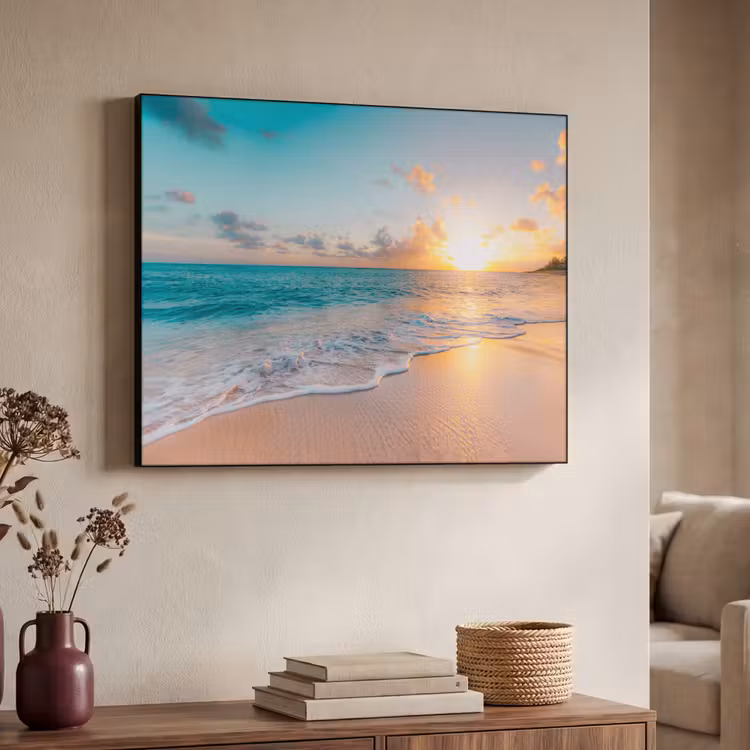 Zonsondergang - Strand - Zee - Zomer - Blauw Textielframe zwart klein -sfeer3