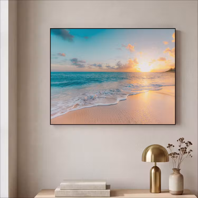 Zonsondergang - Strand - Zee - Zomer - Blauw Textielframe zwart klein -sfeer2