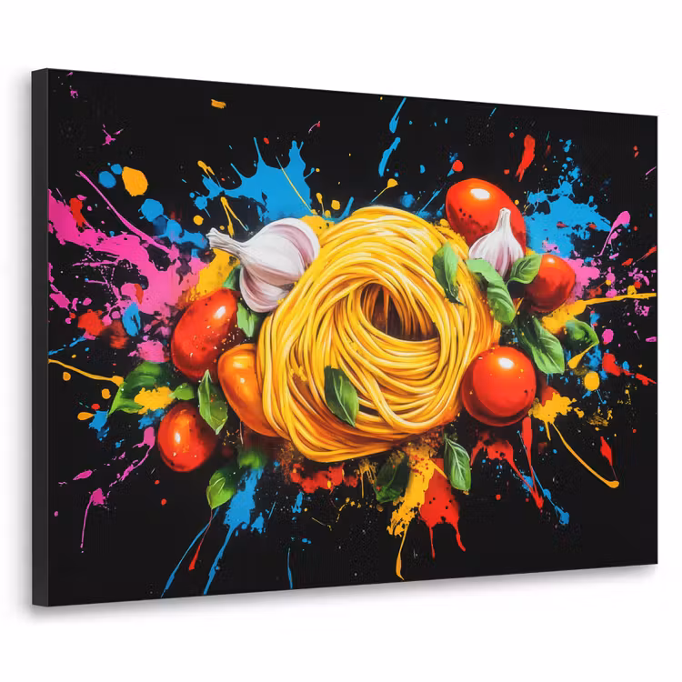 Spaghetti - Graffiti - Verf - Kleurrijk - Eten - Modern Textielframe - compleet frame klein -3d