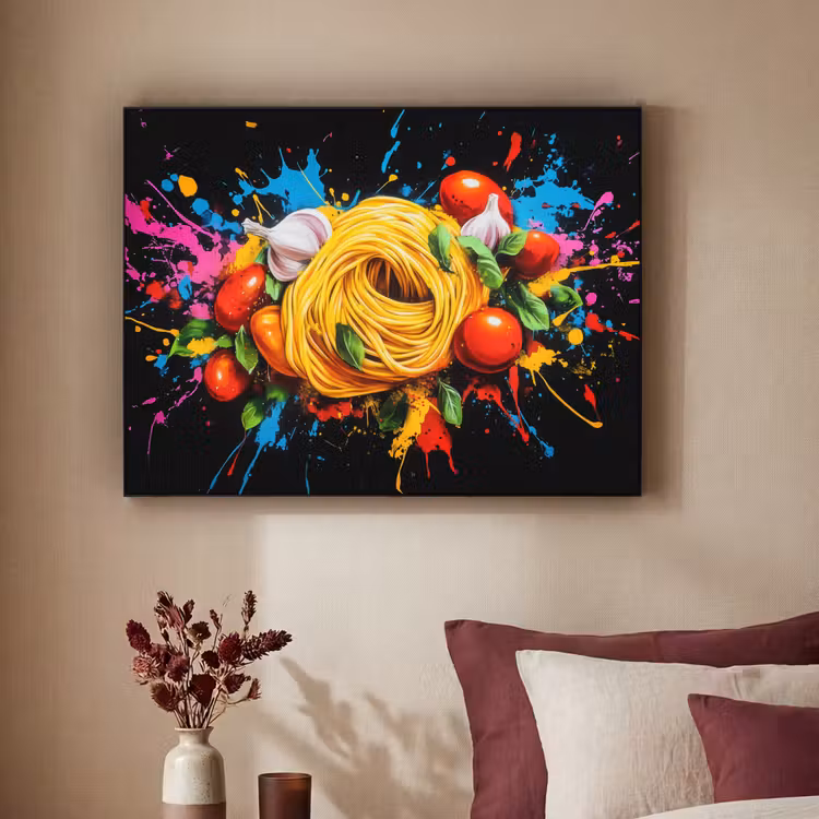 Spaghetti - Graffiti - Verf - Kleurrijk - Eten - Modern Textielframe - compleet frame klein -sfeer1