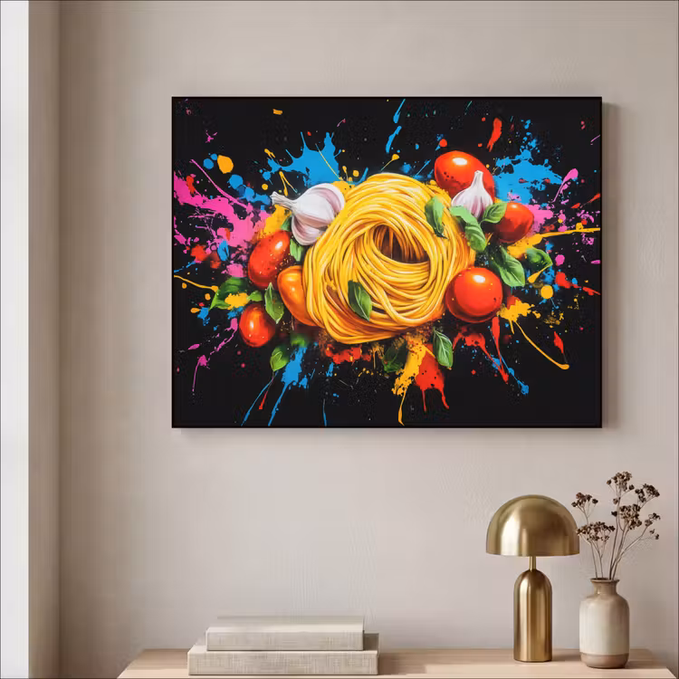 Spaghetti - Graffiti - Verf - Kleurrijk - Eten - Modern Textielframe zwart klein -sfeer2
