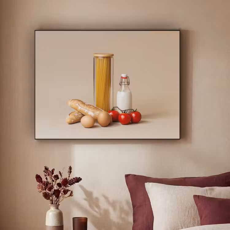 Spaghetti - Melk - Tomaten - Eieren - Brood Textielframe zwart klein -sfeer1