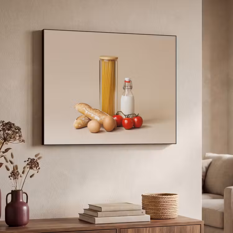 Spaghetti - Melk - Tomaten - Eieren - Brood Textielframe - compleet frame klein -sfeer3