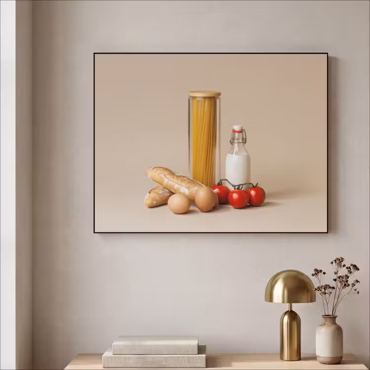 Spaghetti - Melk - Tomaten - Eieren - Brood Textielframe zwart klein -sfeer2