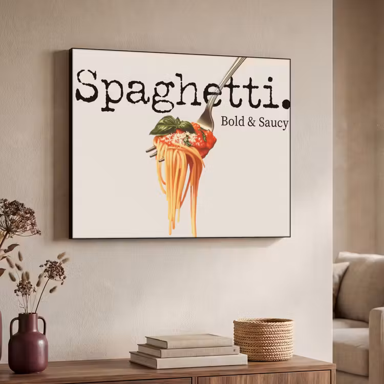 Spaghetti - tomatensaus - Parmezaanse kaas Textielframe - compleet frame klein -sfeer3