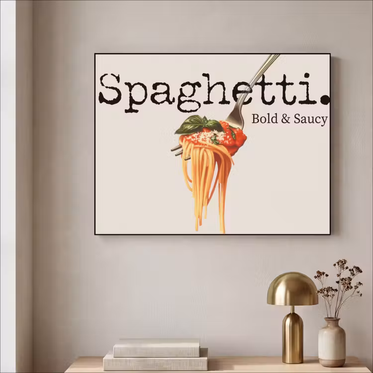 Spaghetti - tomatensaus - Parmezaanse kaas Textielframe - compleet frame klein -sfeer2