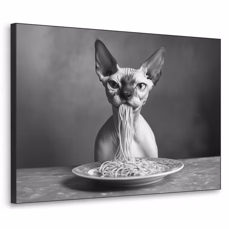 Sphynx - Kat - Dieren - Humor - Spaghetti - Zwart Wit Textielframe zwart klein -3d