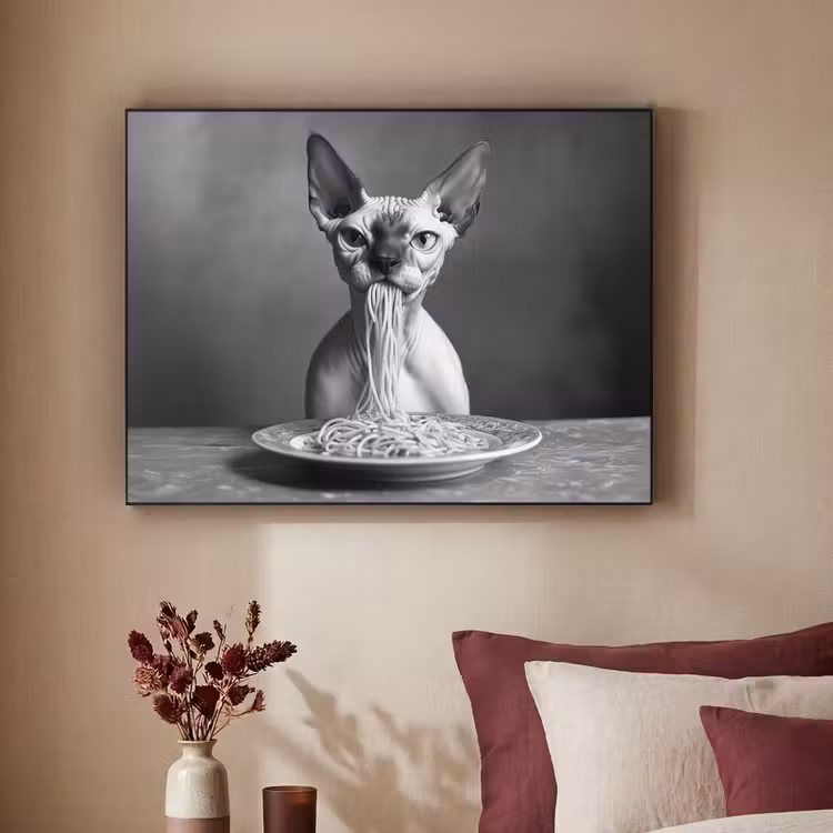 Sphynx - Kat - Dieren - Humor - Spaghetti - Zwart Wit Textielframe zwart klein -sfeer1